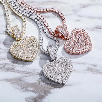 Medallón de fotos personalizado con forma de corazón de gran tamaño de THE BLING KING, colgante con marco, joyería de recuerdo de tenis para pareja, regalo de San Valentín
