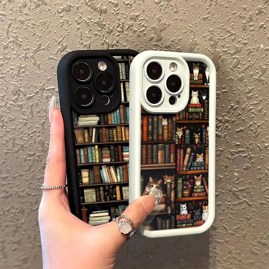 Phone Case for Iphone 16 15 Pro Max 13 12 11 Pro 14Promax 16Plus 12Pro 16E 13Pro Soft Cover Shell Vintage Bookshelf Kitten
