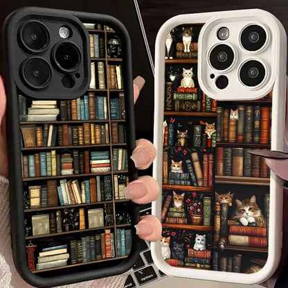 Phone Case for Iphone 16 15 Pro Max 13 12 11 Pro 14Promax 16Plus 12Pro 16E 13Pro Soft Cover Shell Vintage Bookshelf Kitten