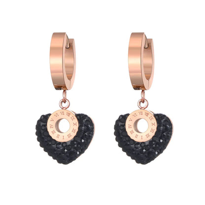 Roman Numerals Titanium Stainless Steel White/Black Clay Crystals Heart Hoop Earrings for Women Boucle D'Oreille E19135