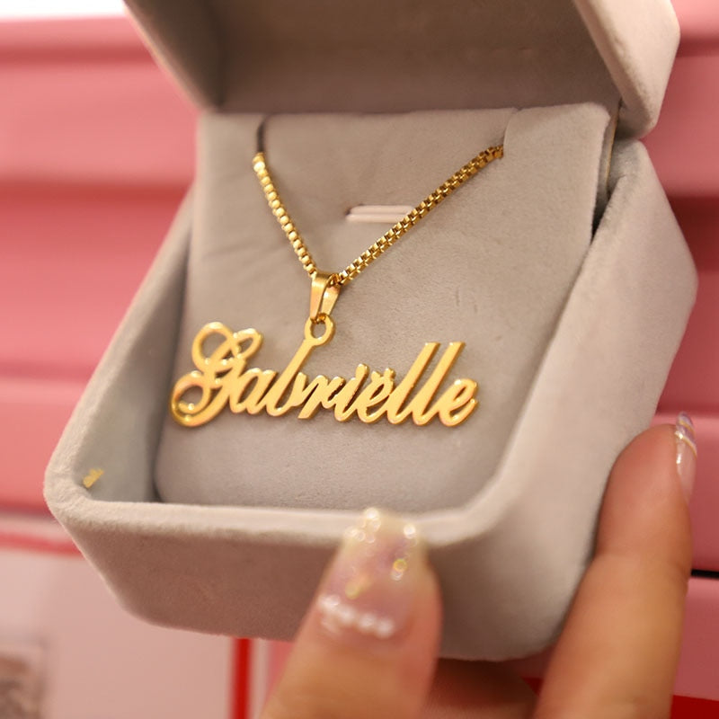Cadena de caja de oro, joyería personalizada, collar con colgante con nombre personalizado, gargantilla con placa de nombre cursiva hecha a mano, bisutería para mujeres y hombres, regalo para mejores amigos.