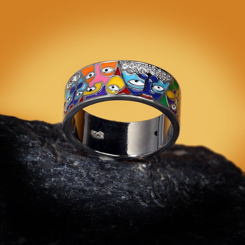 Anillo único de moda para mujer, de plata de ley 925, con circonita blanca, esmaltado a mano, con un gato encantador, joyería de moda para fiestas.