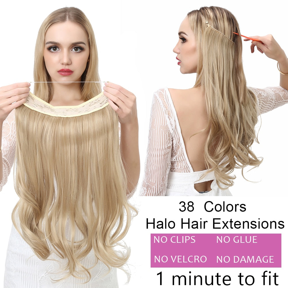 Extensiones de cabello ondulado con halo, 30,5 cm, 40,6 cm y 45,7 cm, invisibles, ombré, bayalage, sintéticas, naturales, con flequillo, alambre oculto, corona. 