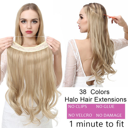 Extensiones de cabello ondulado con halo, 30,5 cm, 40,6 cm y 45,7 cm, invisibles, ombré, bayalage, sintéticas, naturales, con flequillo, alambre oculto, corona. 
