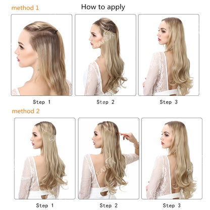 Extensiones de cabello ondulado con halo, 30,5 cm, 40,6 cm y 45,7 cm, invisibles, ombré, bayalage, sintéticas, naturales, con flequillo, alambre oculto, corona. 