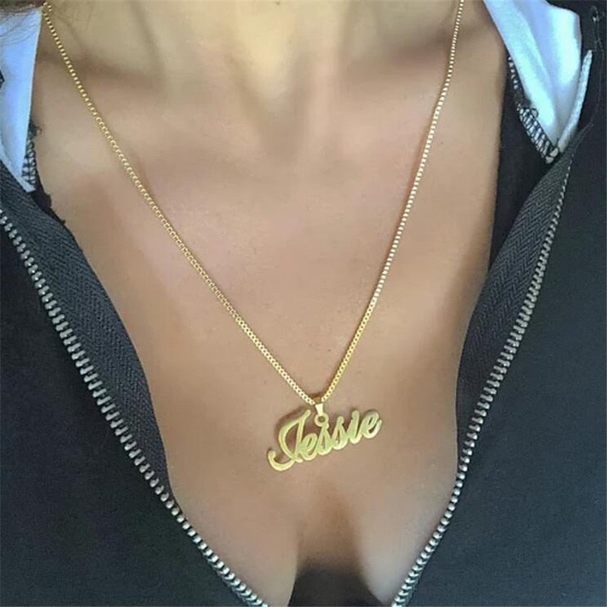 Cadena de caja de oro, joyería personalizada, collar con colgante con nombre personalizado, gargantilla con placa de nombre cursiva hecha a mano, bisutería para mujeres y hombres, regalo para mejores amigos.