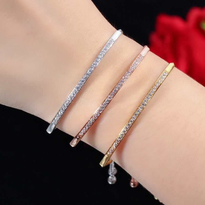 Pulsera ajustable CWWZircons para mujer, con barra deslizante, circonita brillante en color oro rosa, CB089 
