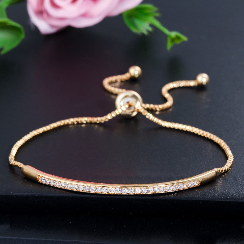 Pulsera ajustable CWWZircons para mujer, con barra deslizante, circonita brillante en color oro rosa, CB089 