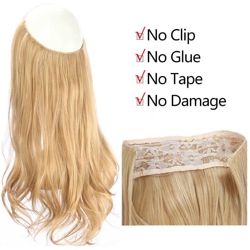 Extensiones de cabello ondulado con halo, 30,5 cm, 40,6 cm y 45,7 cm, invisibles, ombré, bayalage, sintéticas, naturales, con flequillo, alambre oculto, corona. 