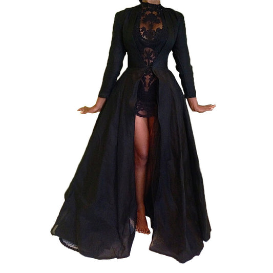 Vestido largo de fiesta de otoño para mujer, chaqueta transparente de cintura alta con encaje gótico sexy de alta calidad, color negro, 2022