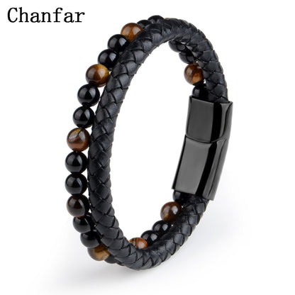 Pulseras de piedra natural, pulsera trenzada de cuero genuino, cierre magnético de acero inoxidable negro, brazaletes de cuentas de ojo de tigre, joyería para hombres