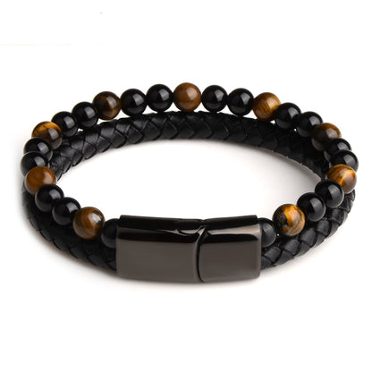 Pulseras de piedra natural, pulsera trenzada de cuero genuino, cierre magnético de acero inoxidable negro, brazaletes de cuentas de ojo de tigre, joyería para hombres