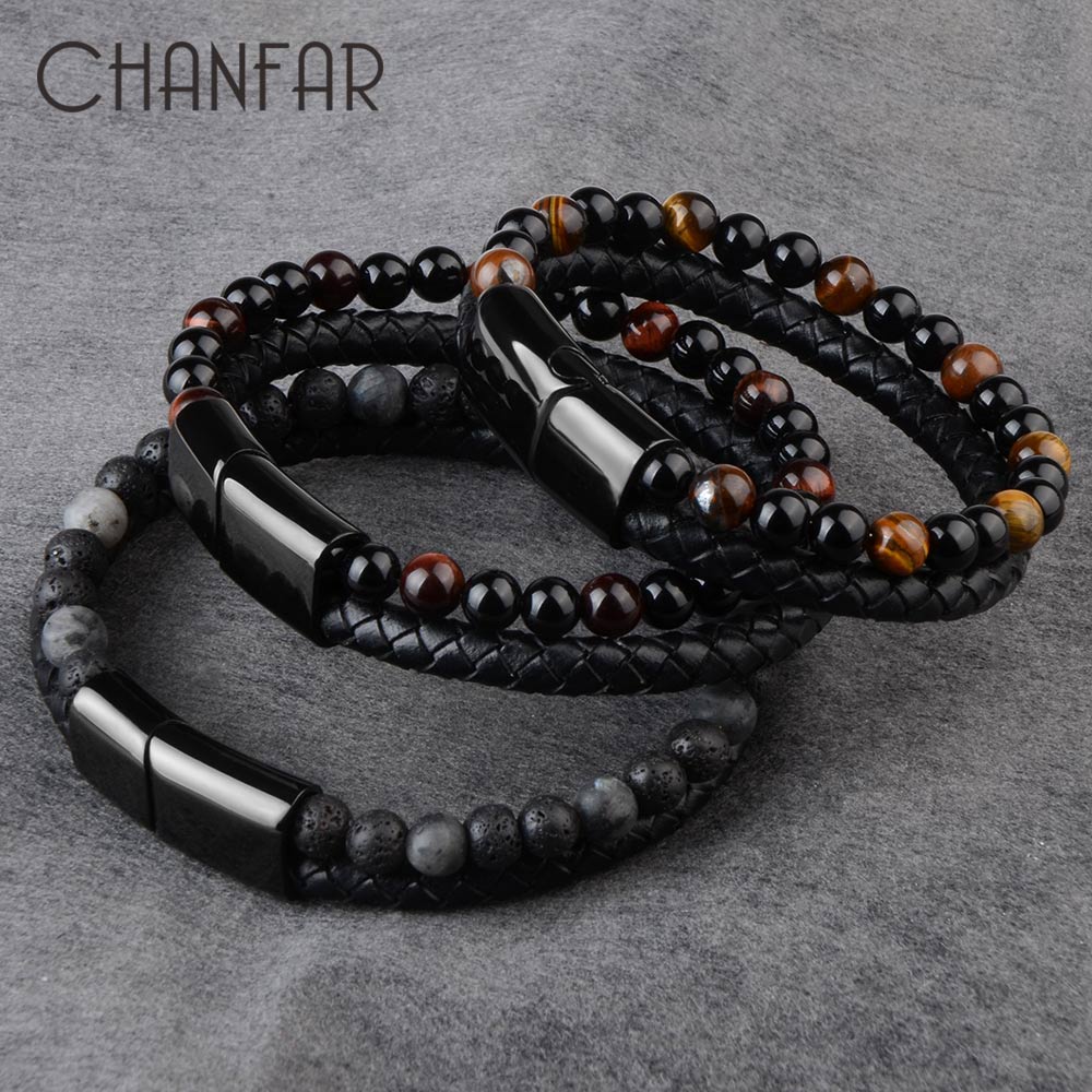 Pulseras de piedra natural, pulsera trenzada de cuero genuino, cierre magnético de acero inoxidable negro, brazaletes de cuentas de ojo de tigre, joyería para hombres
