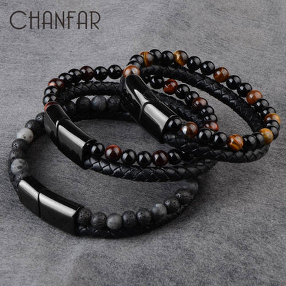 Pulseras de piedra natural, pulsera trenzada de cuero genuino, cierre magnético de acero inoxidable negro, brazaletes de cuentas de ojo de tigre, joyería para hombres