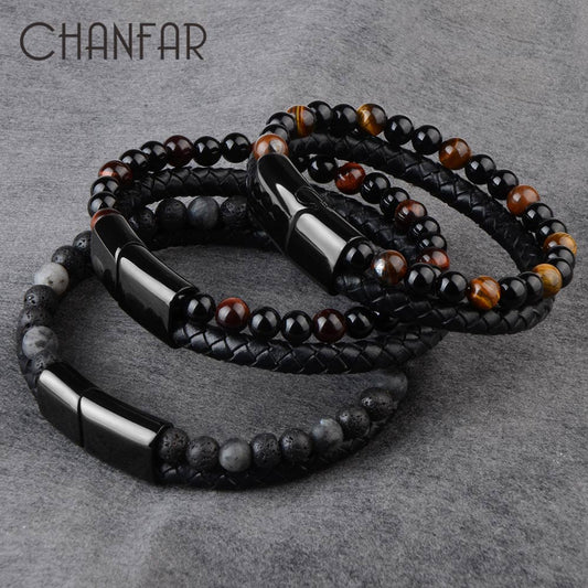 Pulseras de piedra natural, pulsera trenzada de cuero genuino, cierre magnético de acero inoxidable negro, brazaletes de cuentas de ojo de tigre, joyería para hombres