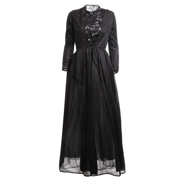 2022 New High Quality Sexy Gothic Lace High Waist Sheer Jacket Long Dress Gown Party Costume Lady Autumn Dress Black