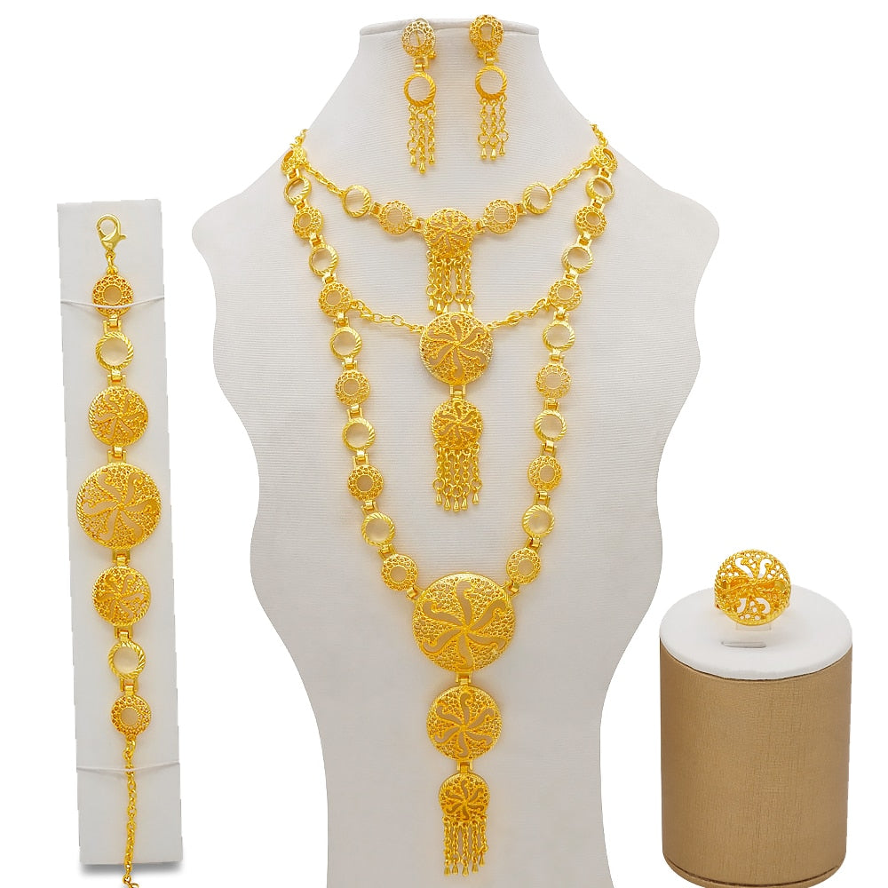 Conjuntos de joyas de Dubái, collar y pendientes de oro para mujer, africanos, franceses, bodas, fiestas, joyas de 24 quilates, regalos nupciales etíopes.