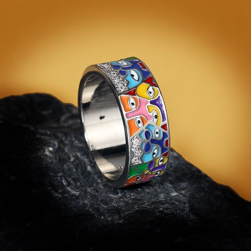 Anillo único de moda para mujer, de plata de ley 925, con circonita blanca, esmaltado a mano, con un gato encantador, joyería de moda para fiestas.