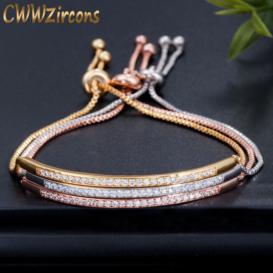 Pulsera ajustable CWWZircons para mujer, con barra deslizante, circonita brillante en color oro rosa, CB089 