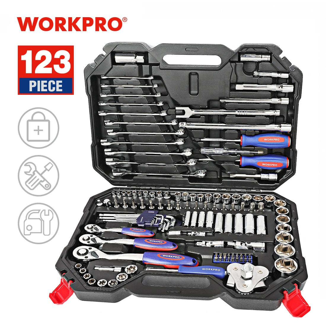 Juego de herramientas WORKPRO, herramientas manuales para reparación de automóviles, llave de carraca, juego de vasos, kits profesionales de herramientas para reparación de bicicletas y automóviles.