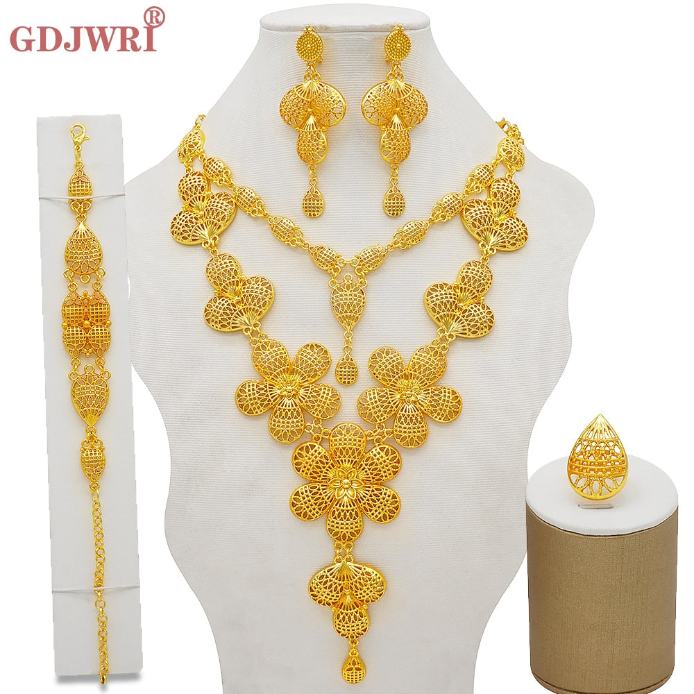 Conjuntos de joyas de Dubái, collar y pendientes de oro para mujer, africanos, franceses, bodas, fiestas, joyas de 24 quilates, regalos nupciales etíopes.