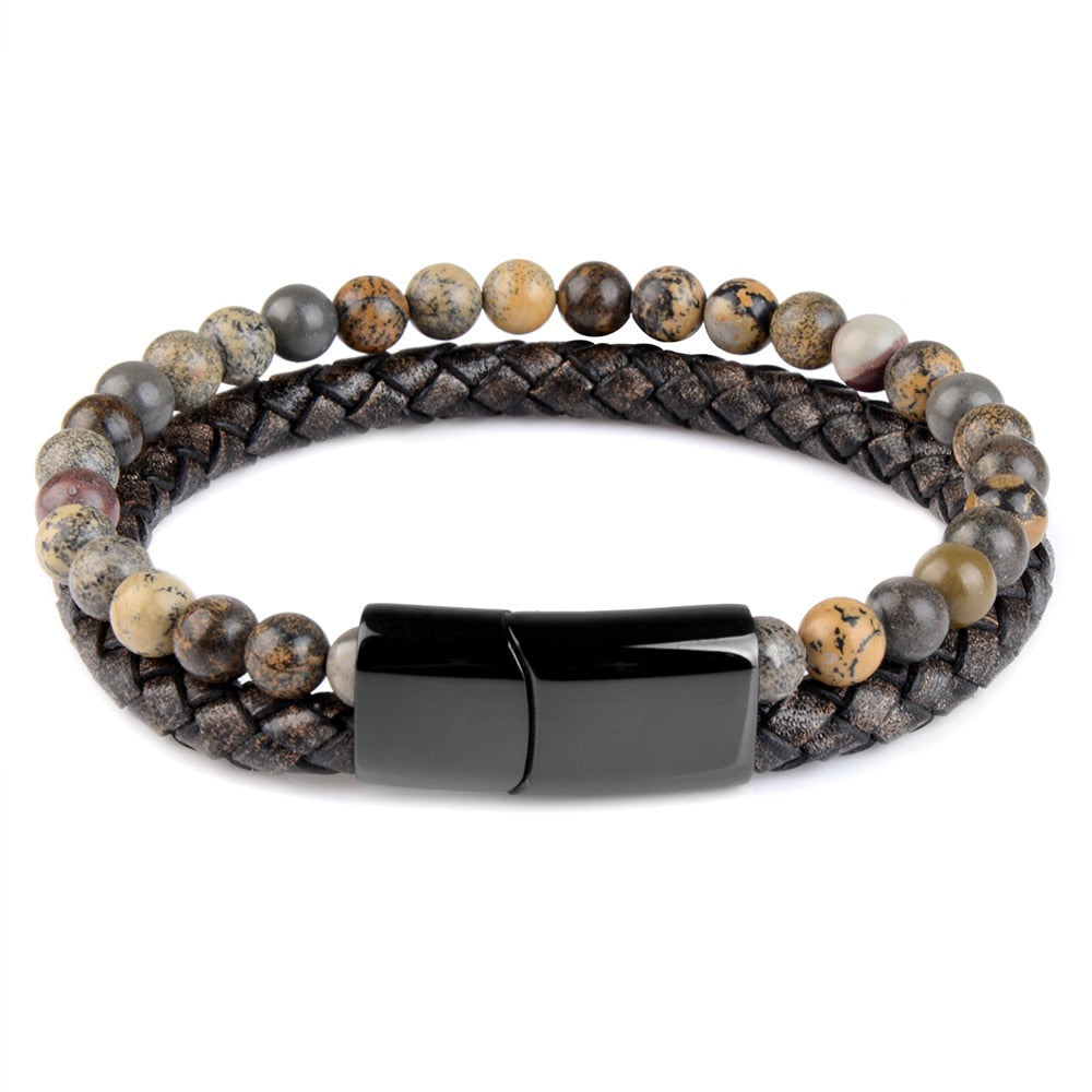 Pulseras de piedra natural, pulsera trenzada de cuero genuino, cierre magnético de acero inoxidable negro, brazaletes de cuentas de ojo de tigre, joyería para hombres