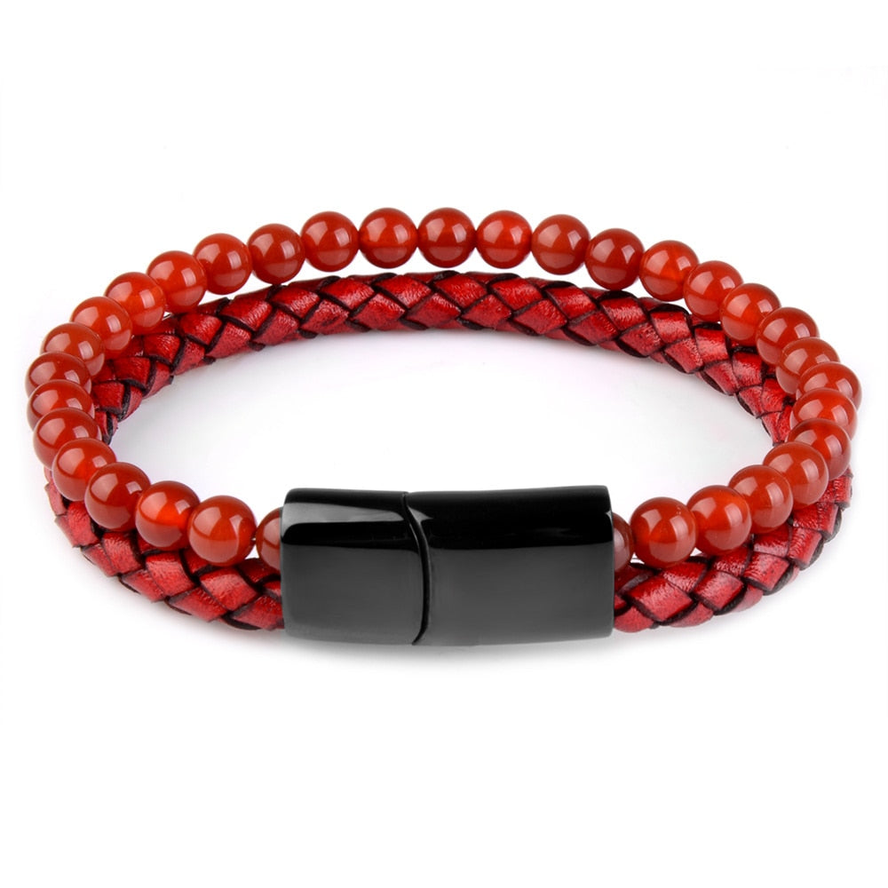 Pulseras de piedra natural, pulsera trenzada de cuero genuino, cierre magnético de acero inoxidable negro, brazaletes de cuentas de ojo de tigre, joyería para hombres
