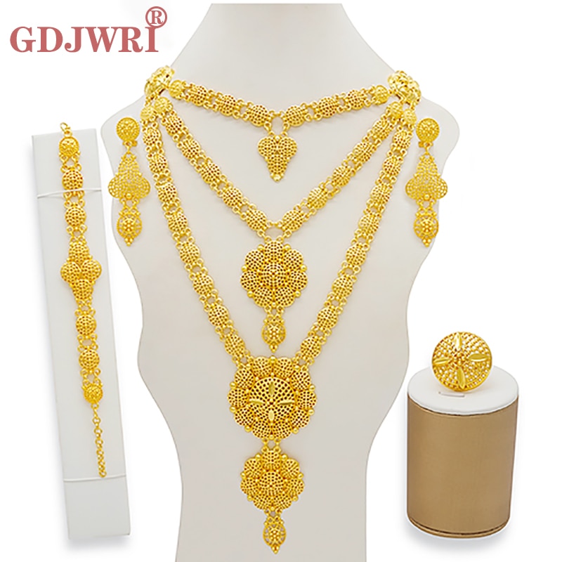 Conjuntos de joyas de Dubái, collar y pendientes de oro para mujer, africanos, franceses, bodas, fiestas, joyas de 24 quilates, regalos nupciales etíopes.