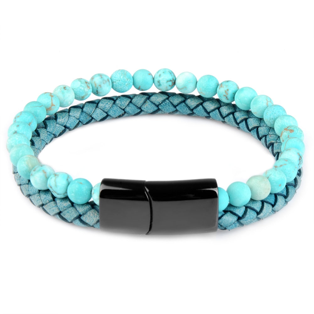 Pulseras de piedra natural, pulsera trenzada de cuero genuino, cierre magnético de acero inoxidable negro, brazaletes de cuentas de ojo de tigre, joyería para hombres