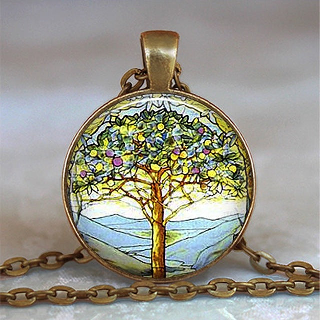 Collar y colgante con cabujón de cristal del árbol de la vida, joyería vintage, gargantilla de cadena con dijes, joyería Steampunk, regalo para mujer