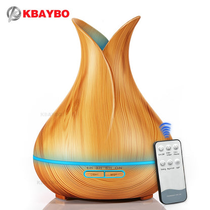 Difusor de aceites esenciales KBAYBO de 400 ml, humidificador ultrasónico con textura de madera y 7 luces LED que cambian de color para oficina y hogar.