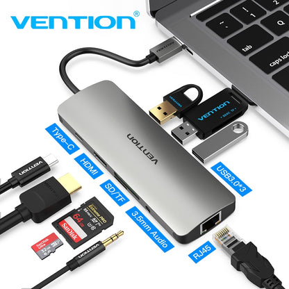 Concentrador Vention Thunderbolt 3 Dock USB-C Tipo C a HDMI, adaptador USB 3.0 RJ45 para MacBook, Samsung S8/S9, Huawei P20 Pro, adaptador USB-C